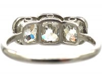 Art Deco Platinum, Large Three Stone Cushion Cut Diamond Ring