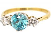 Art Deco 18ct Gold & Platinum, Zircon & Diamond Three Stone Ring