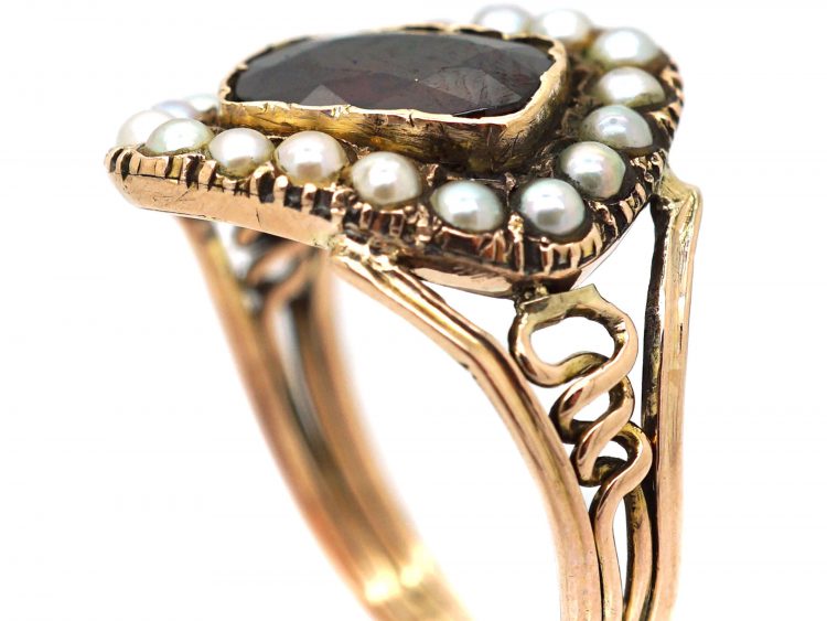 Georgian 9ct Gold Tipped Garnet & Natural Split Pearl Mourning Ring