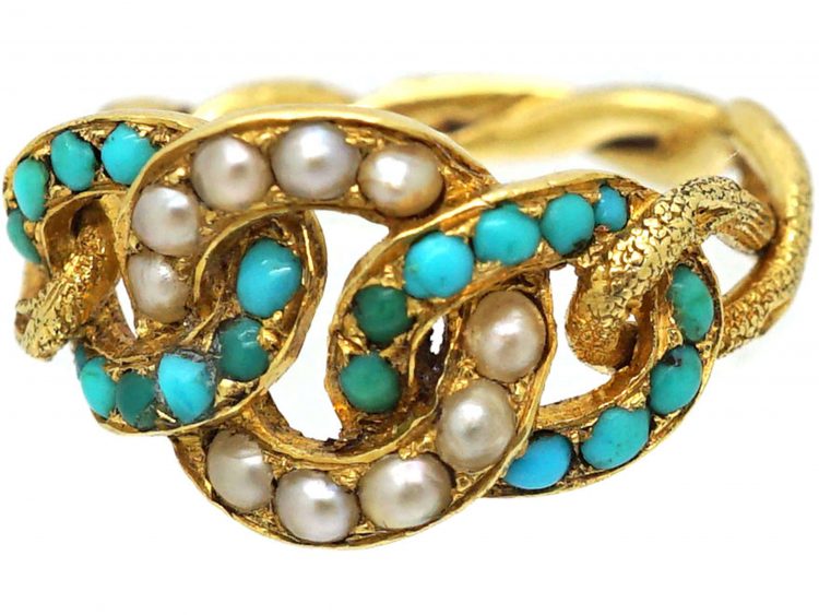 Regency 15ct Gold, Natural Split Pearl & Turquoise Circles Ring