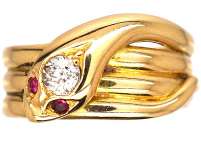 Victorian 18ct Gold Snake Ring with Diamond & Ruby Eyes