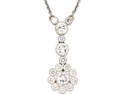 Edwardian 18ct White Gold Diamond Cluster Drop Pendant on Chain