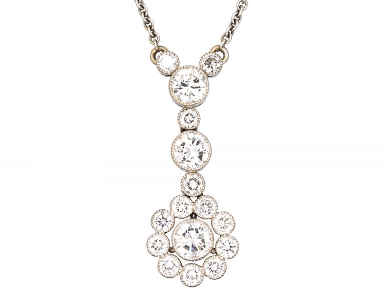 Edwardian 18ct White Gold Diamond Cluster Drop Pendant on Chain