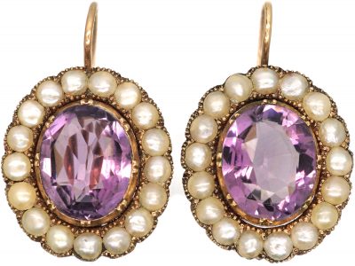 Early Victorian 9ct Gold, Amethyst & Natural Split Pearl Earrings