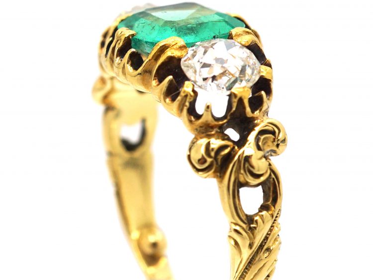 Victorian 18ct Gold, Emerald and Diamond Three Stone Ring