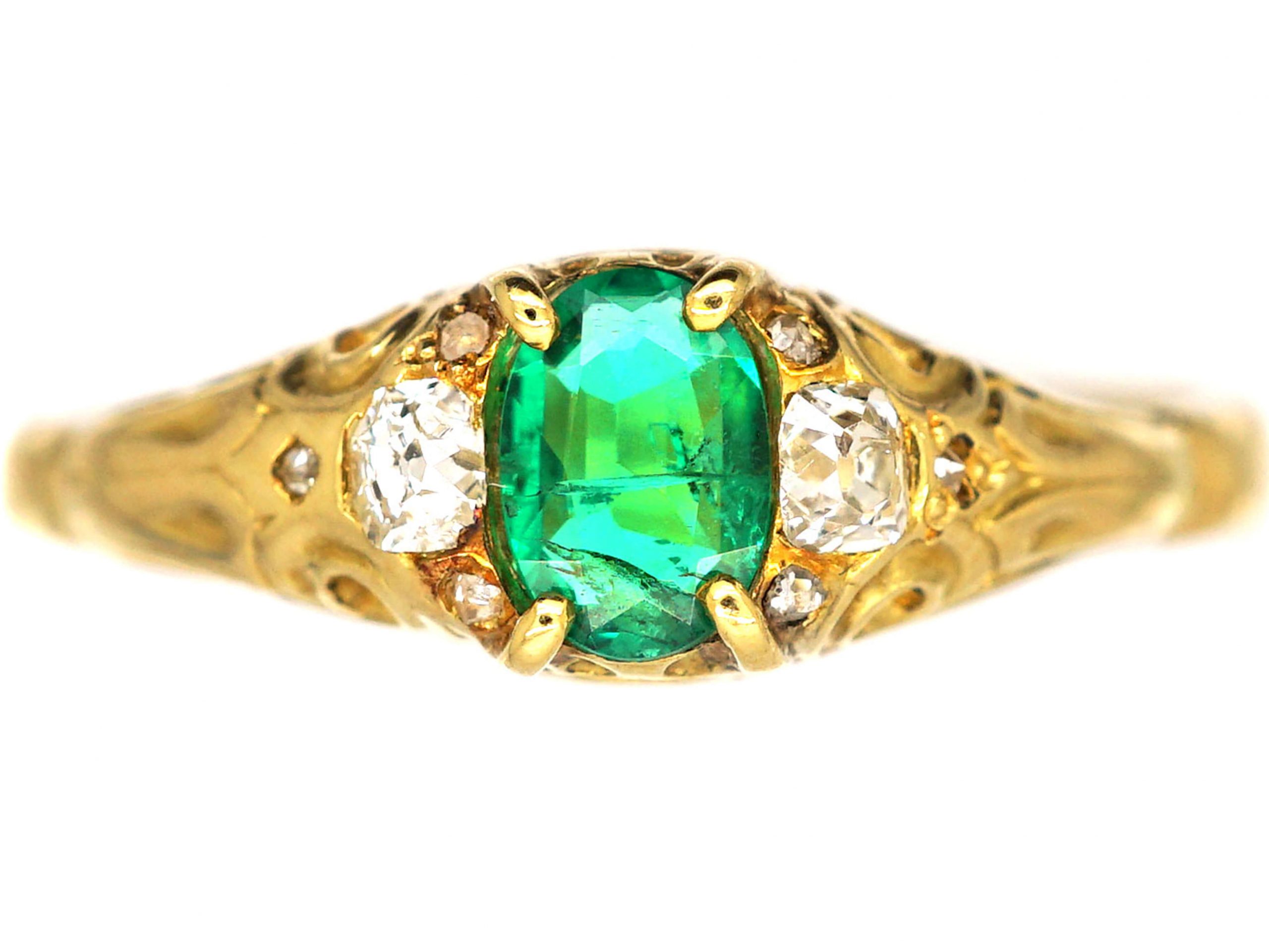 Victorian 18ct Gold, Emerald & Diamond Ring with Rose Diamond Detail ...