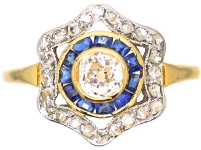 Art Deco 18ct Gold and Platinum, Sapphire and Diamond Target Ring
