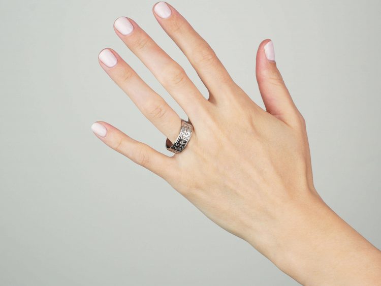 18ct White Gold Wide Wedding Ring with Flower & Diamond Motifs