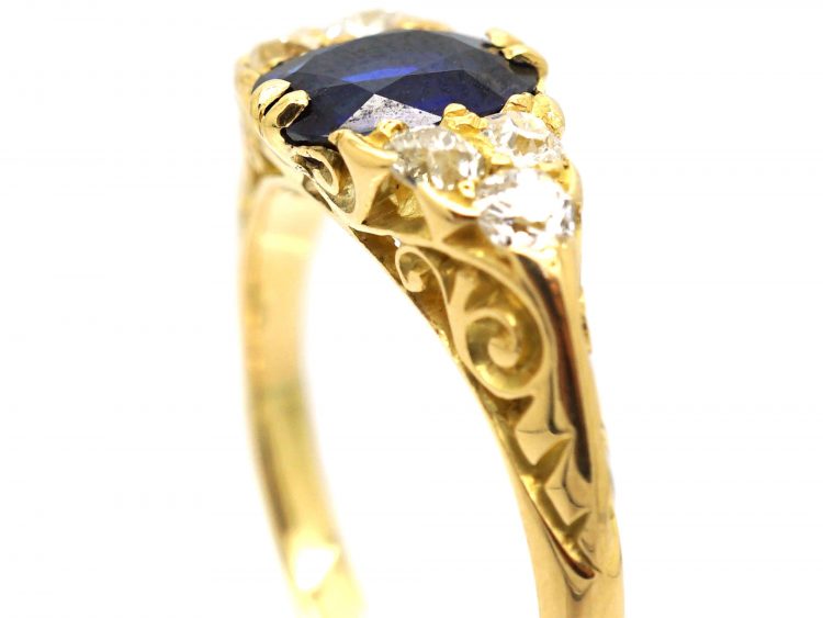Edwardian 18ct Gold, Sapphire and Diamond Carved Half Hoop Ring