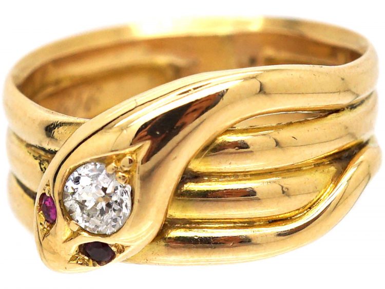 Victorian 18ct Gold Snake Ring with Diamond & Ruby Eyes