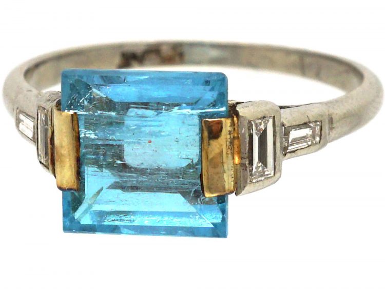Art Deco Platinum, Baguette Diamond and Square Cut Aquamarine Ring