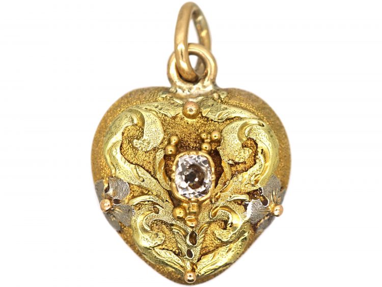 Georgian 15ct Three Colour Gold & Diamond, Heart Shaped Pendant with Glazed Locket on Reverse