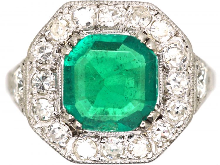 Art Deco 18ct White Gold, Columbian Emerald & Diamond Ring