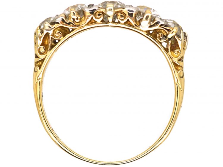 Victorian 18ct Gold Five Stone Diamond Carved Half Hoop Ring with Diamond Points