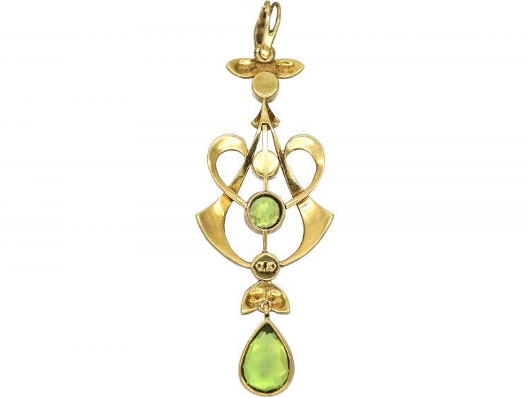 Art Nouveau 15ct Gold, Peridot & Natural Split Pearls Pendant