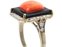 Art Deco 18ct White Gold Coral, Onyx and Diamond Ring