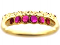 Victorian 18ct Gold, Burma Ruby Five Stone Carved Half Hoop Ring with Diamond Points