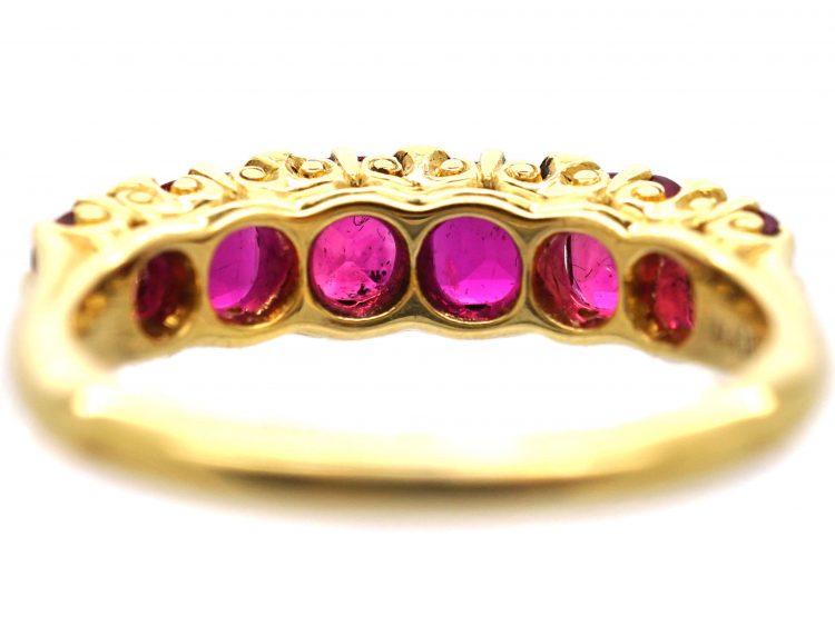 Victorian 18ct Gold, Burma Ruby Five Stone Carved Half Hoop Ring with Diamond Points