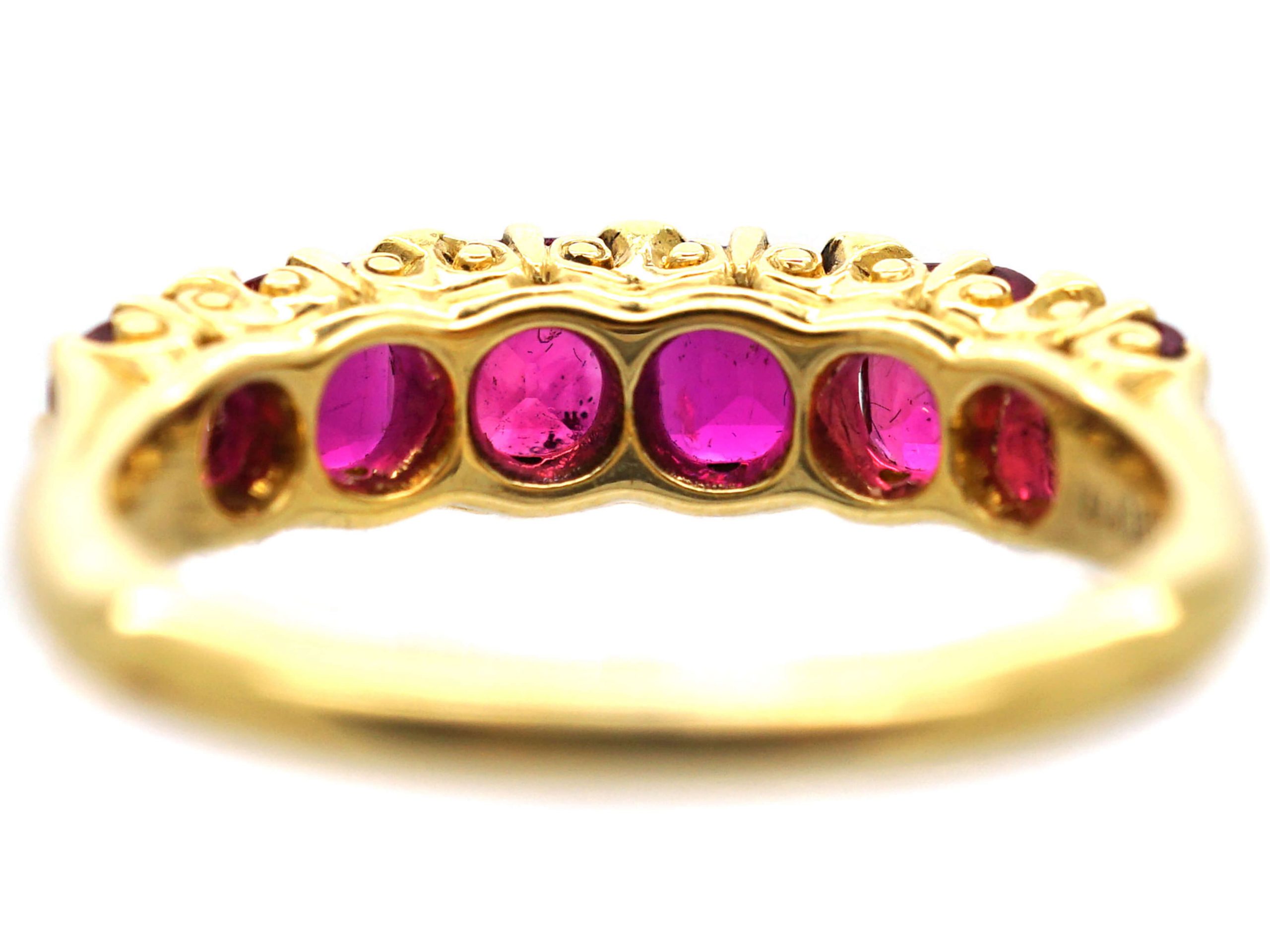 Victorian 18ct Gold, Burma Ruby Five Stone Carved Half Hoop Ring with ...