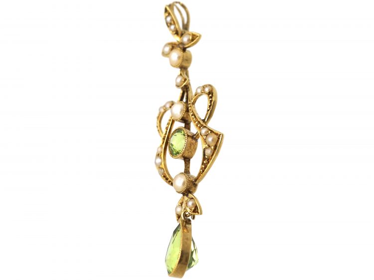 Art Nouveau 15ct Gold, Peridot & Natural Split Pearls Pendant