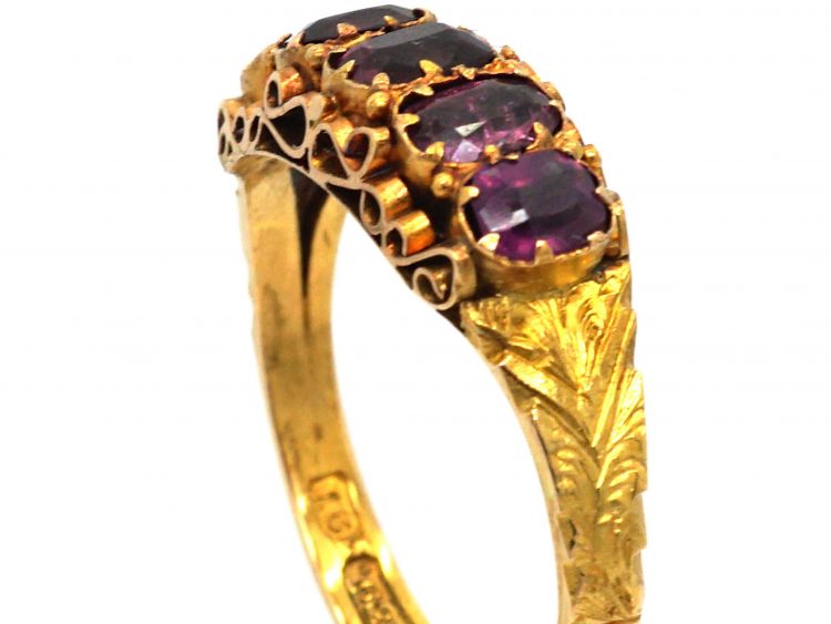 Victorian 15ct Gold, Five Stone Almandine Garnet Ring with Engraved Shank