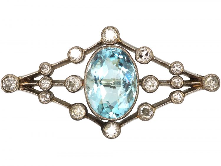Edwardian Aquamarine & Diamond Brooch in Original Case