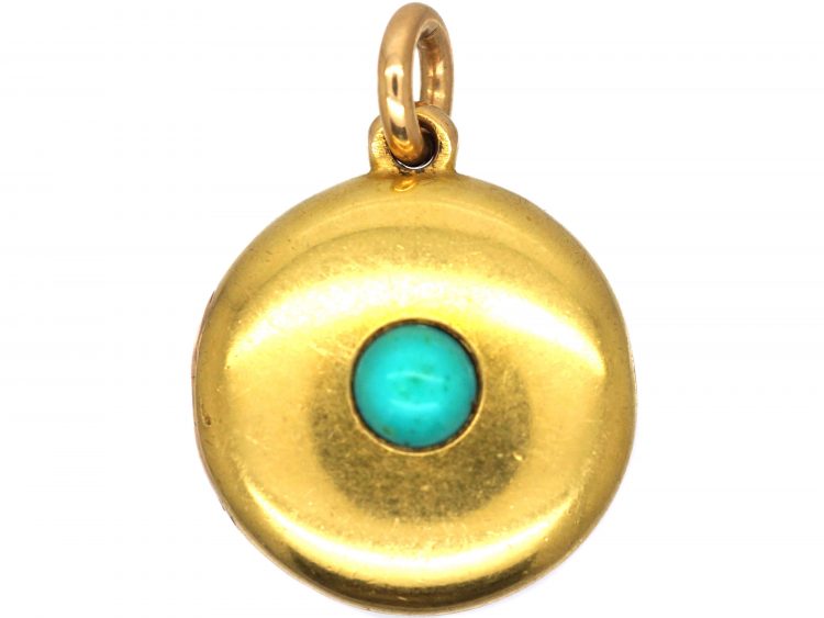 Edwardian 15ct Gold Round Locket set with Turquoise Representing Forget me Not