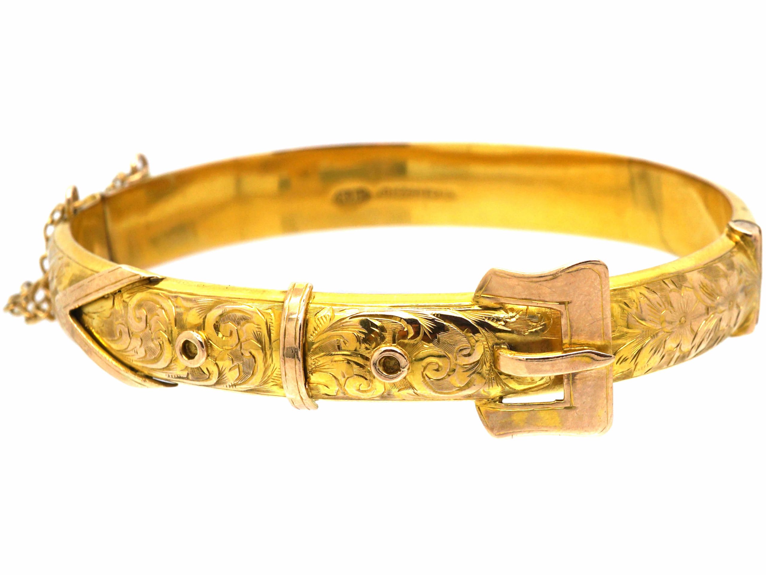 9ct Gold Buckle Bangle with Engraved Flower Detail Assayed in