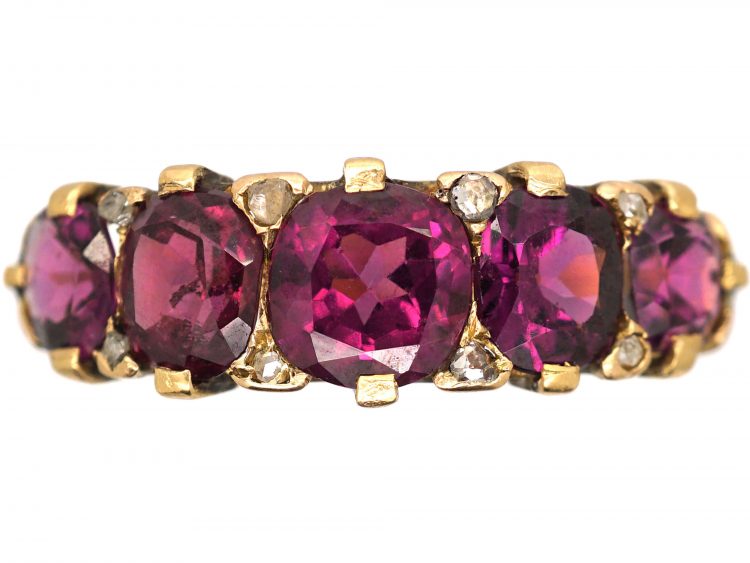 Victorian Five Stone Almandine Garnet & Rose Diamond Ring