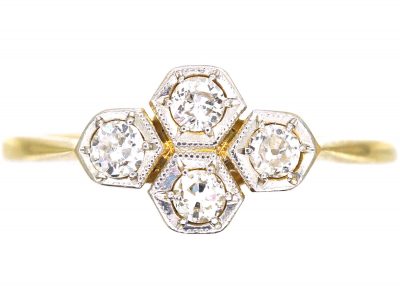Art Deco 18ct Gold & Platinum, Four Stone Diamond Ring with Hexagonal Settings