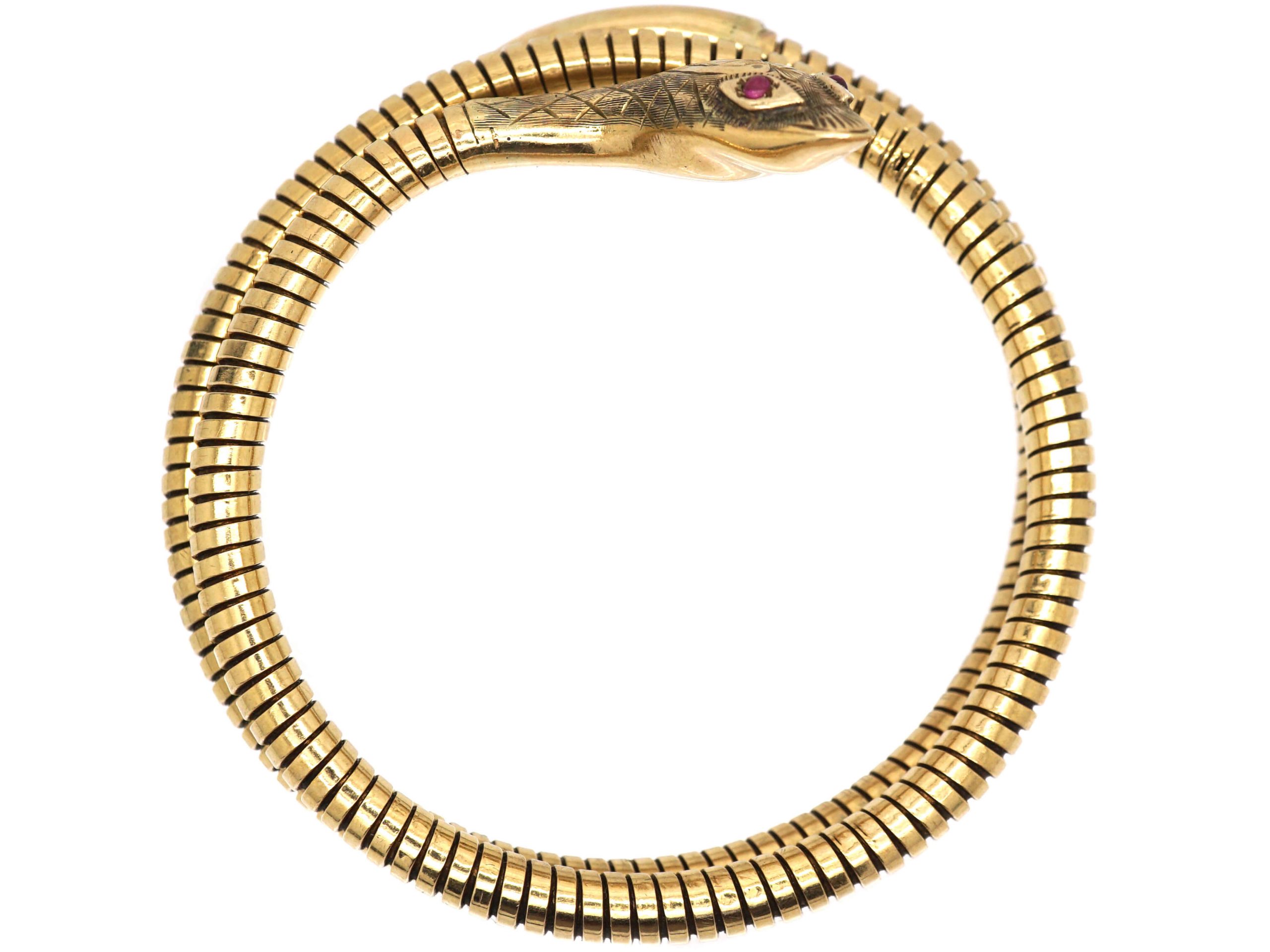 9ct Gold Snake Bangle with Ruby Eyes (164S) | The Antique Jewellery Company