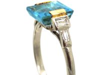Art Deco Platinum, Baguette Diamond and Square Cut Aquamarine Ring
