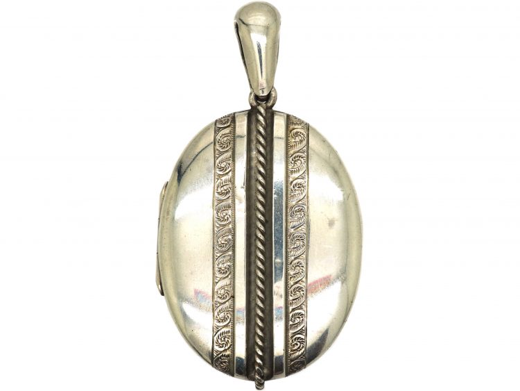 Victorian Silver Oval Locket with Vertical Stripe Detail