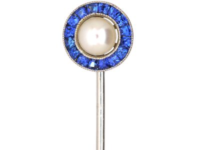 Art Deco Platinum, Calibre Sapphire & Pearl Round Tie Pin