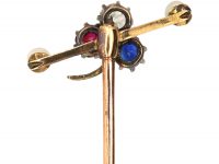 Edwardian Three Leaf Clover Sapphire, Diamond & Ruby Tie Pin with a Natural Pearl at Either End
