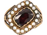 Georgian 9ct Gold Tipped Garnet & Natural Split Pearl Mourning Ring