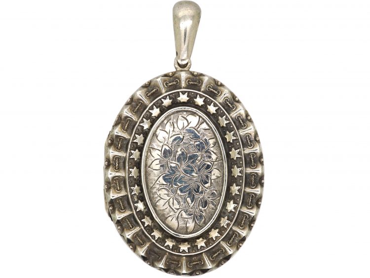 Victorian Oval Silver Locket with Ivy Leaf Detail
