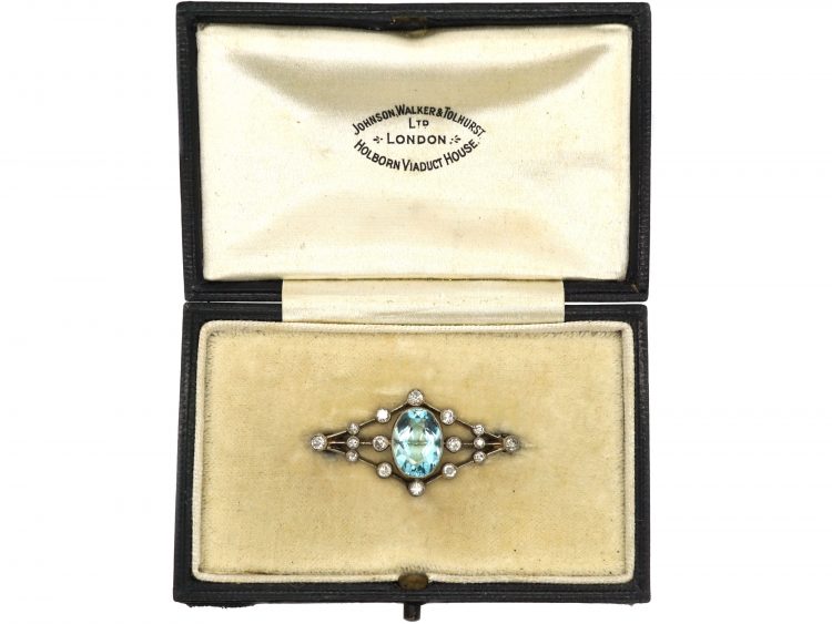 Edwardian Aquamarine & Diamond Brooch in Original Case