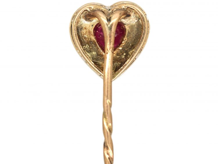 Edwardian 15ct Gold, Heart Shaped Tie Pin set with a Ruby & Natural Split Pearls