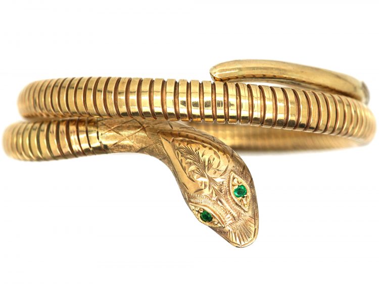 9ct Gold Snake Bangle with Emerald Eyes