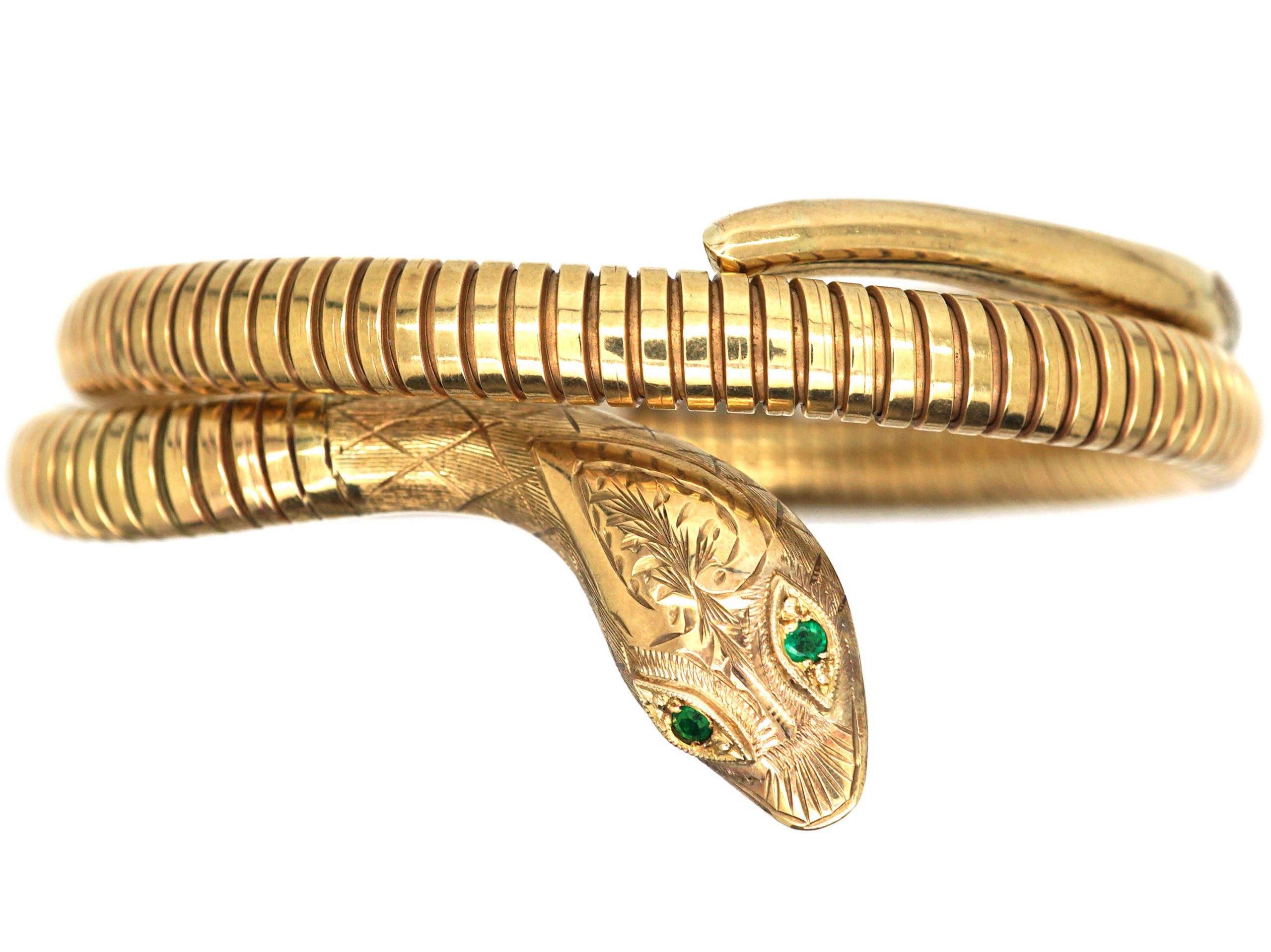 9ct Gold Snake Bangle with Emerald Eyes (147S) | The Antique Jewellery ...