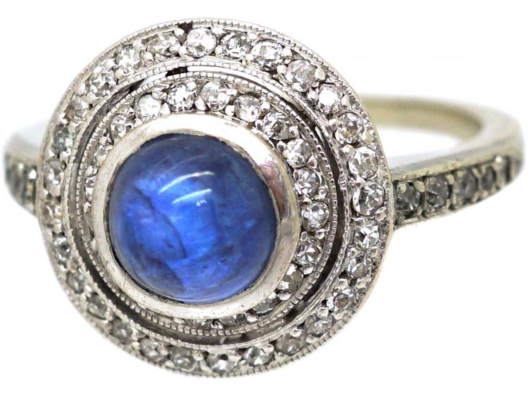Art Deco Platinum, Cabochon Sapphire & Two Circle Diamond Ring