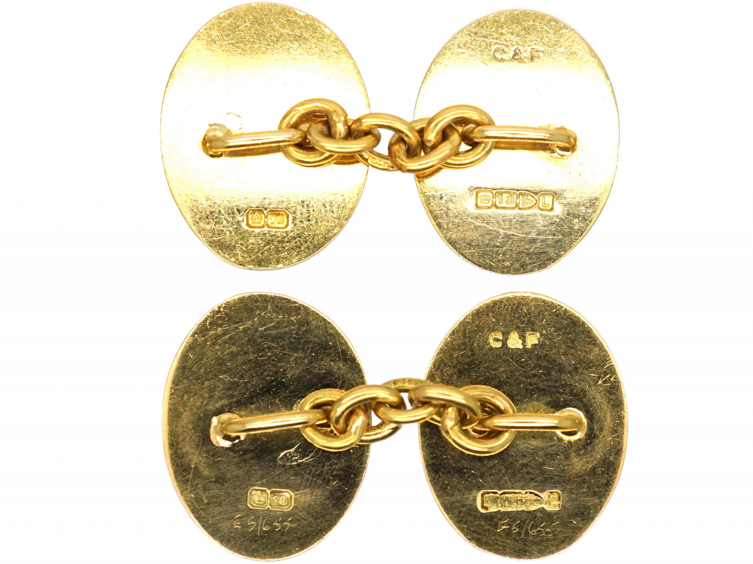 18ct Gold Oval Shaped Cufflinks with Engine Turned Decoration by Cropp ...