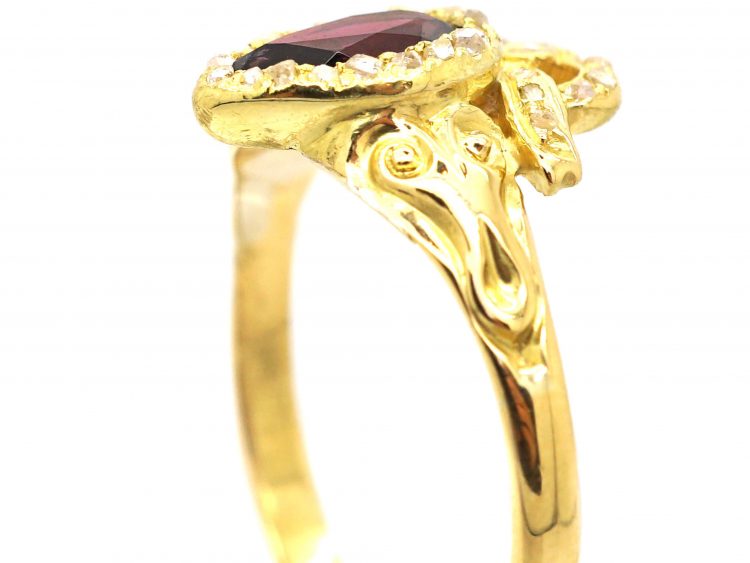 Victorian 18ct Gold, Almandine Garnet and Diamond Heart Shaped Ring in the Rococo Style