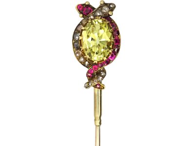 Victorian Chrysoberyl, Diamond, and Ruby Caduceus Tie Pin