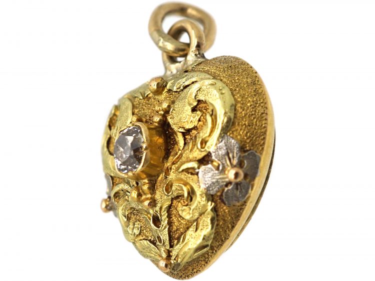 Georgian 15ct Three Colour Gold & Diamond, Heart Shaped Pendant with Glazed Locket on Reverse