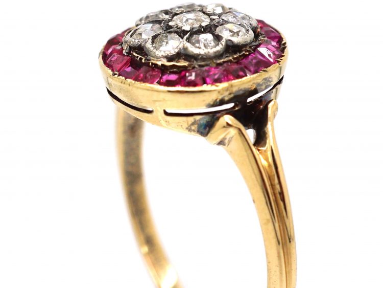 Art Deco 18ct Gold and Platinum, Ruby and Diamond Target Cluster Ring