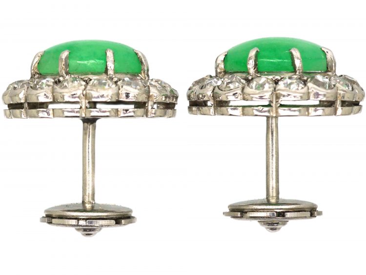 Art Deco 18ct White Gold, Jade & Diamond Cluster Earrings in Original Case