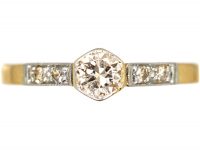 Art Deco 18ct Gold & Platinum Diamond Solitaire Ring with Diamond Set Shoulders