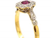 Art Deco 18ct Gold & Platinum, Ruby & Diamond  Cluster Ring with Platinum Shoulders